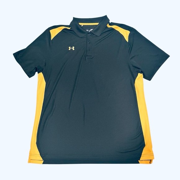 Preowned XL Under Armour Loose Fit Heat Gear Polo Shirt Black Yellow Embroidered - Picture 1 of 6
